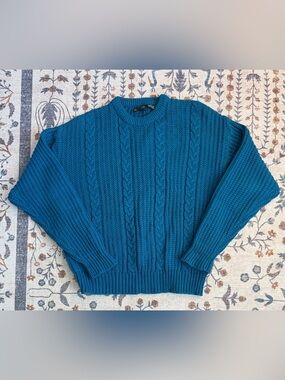 Vintage Boundary Waters Blue Cable Knit Fisherman Sweater Size Large